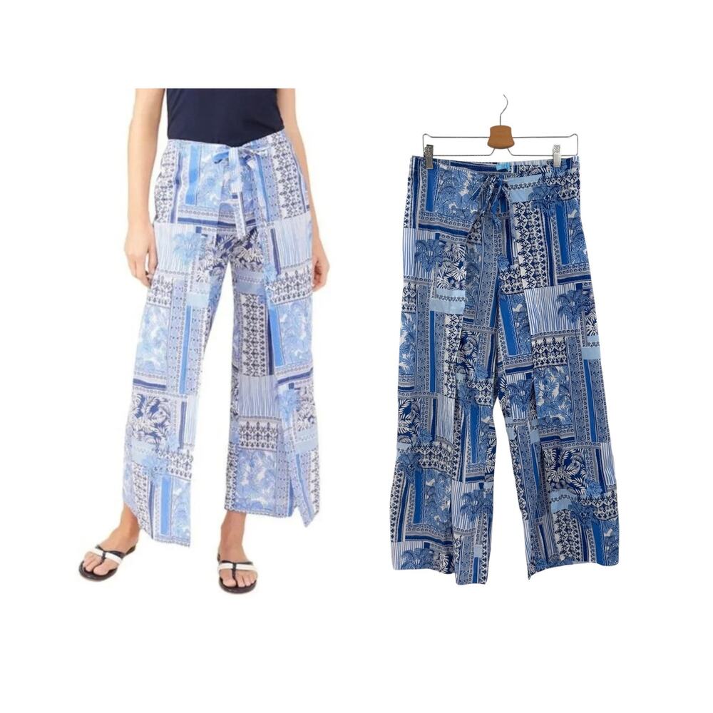 J.McLaughlin Eugene Palm Patchwork Wide Leg Pull On Pants Blue White Size Medium